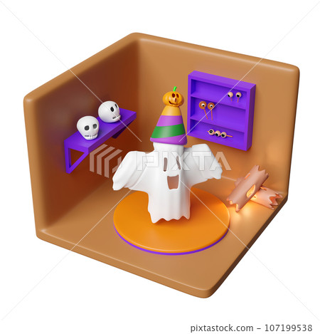 3d isometric room for halloween holiday party with shelf, tree, timber, skull, cute ghost flying, pumpkin, conical hat, candy isolated. 3d render illustration 107199538