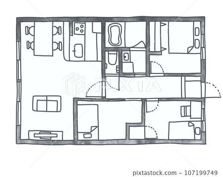 3ldk floor plan with furniture monochrome 107199749
