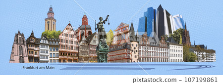 Landmarks collage of the city of Frankfurt am Main, Germany - contemporary creative retro art collage or design - travel concept 107199861