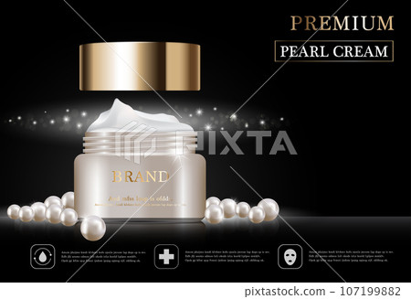 Hydrating facial cream for annual sale or festival sale. white pearl and gold cream mask bottle isolated on golden light background. Graceful cosmetic ads, illustration. Hydrating facial cream for annual sale or festival sale. white pearl and gold cream mask bottle isolated on golden light background. Graceful cosmetic ads, illustration. 107199882