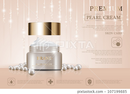 Hydrating facial cream for annual sale or festival sale. white pearl and gold cream mask bottle isolated on golden light background. Graceful cosmetic ads, illustration. 107199885