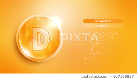 Drop water vitamin D orang and structure. vitamin solution complex with chemical formula from nature. beauty treatment nutrition skin care design. medical and scientific concepts for cosmetic. 107199887
