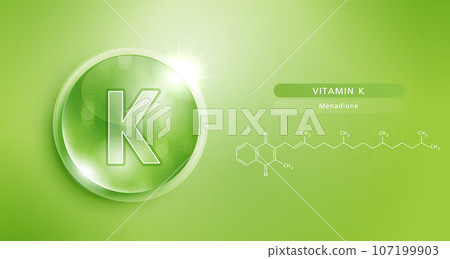 Drop water vitamin K green and structure. vitamin solution complex with chemical formula from nature. beauty treatment nutrition skin care design. medical and scientific concepts for cosmetic. 107199903