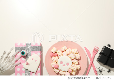 Skull cookies with marshmallows and Halloween gifts Skull cookies with marshmallows and Halloween gifts 107199969
