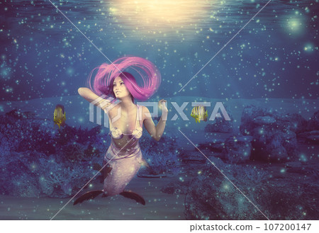 3D Underwater coral reef and mermaid 3D Underwater coral reef and mermaid 107200147
