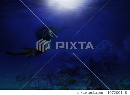 3D Underwater coral reef and mermaid 3D Underwater coral reef and mermaid 107200148