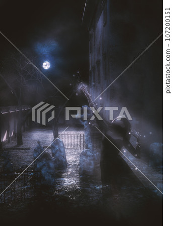 3D Rendered Haunted mansion and ghost woman 3D Rendered Haunted mansion and ghost woman 107200151