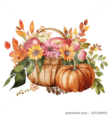 Colorful pumpkins in a basket, hand drawn watercolor illustration Colorful pumpkins in a basket, hand drawn watercolor illustration 107200402
