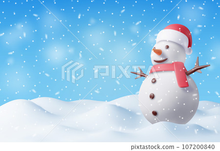 3D Winter Christmas Background. Snowman and Snow. 3D Winter Christmas Background. Snowman and Snow. 107200840