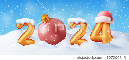 3d Gold Balloon 2024 New Year Symbol in Snow 3d Gold Balloon 2024 New Year Symbol in Snow 107200843