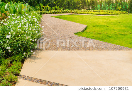 Garden landscape design with pathway intersecting bright green lawns and shrubs white sheet walkway in the garden. Garden landscape design with pathway intersecting bright green lawns and shrubs white sheet walkway in the garden. 107200981