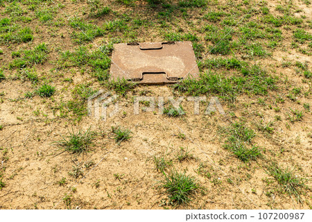The steel manhole has a mop cover on the lawn. 107200987