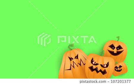 Halloween Horizontal web Banner or poster with Halloween scary pumpkins isolated on green screen background. Funky kids Halloween background with space for text Halloween Horizontal web Banner or poster with Halloween scary pumpkins isolated on green screen background. Funky kids Halloween background with space for text 107201377