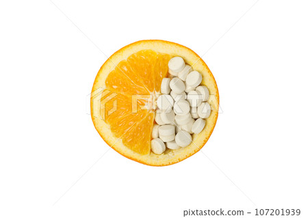 PNG, orange with pills, isolated on white background. PNG, orange with pills, isolated on white background. 107201939
