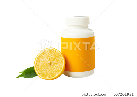 PNG, bottle with pills, near citrus fruits, isolated on white background. PNG, bottle with pills, near citrus fruits, isolated on white background. 107201951