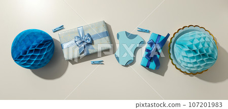 Gift boxes and paper balls on white background, top view Gift boxes and paper balls on white background, top view 107201983
