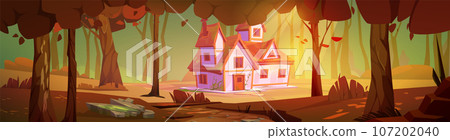 House in autumn forest landscape cartoon vector 107202040