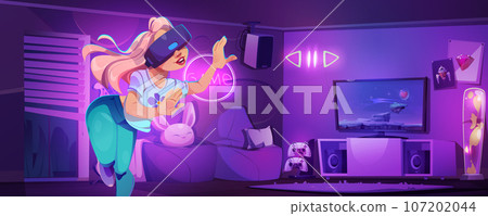 Girl gamer in living room play vr vector cartoon 107202044