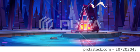 Wooden house on night island above magic lake 107202045