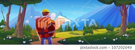 Man tourist with map on journey route to mountain Man tourist with map on journey route to mountain 107202049