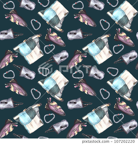 Chalk bags with sport climbing carabiner and bouldering shoe seamless pattern. Isolated on dark background Hand drawn illustration Boulder equipments Repeating design for wrapping, wallpaper printing 107202220