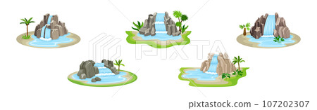Waterfall Falls from Stone Rock or Cliff Vector Set 107202307