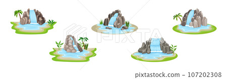 Waterfall Falls from Stone Rock or Cliff Vector Set Waterfall Falls from Stone Rock or Cliff Vector Set 107202308