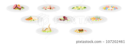Haute Cuisine or Grande Cuisine with Meticulous Food Serving on Plate Vector Set Haute Cuisine or Grande Cuisine with Meticulous Food Serving on Plate Vector Set 107202461