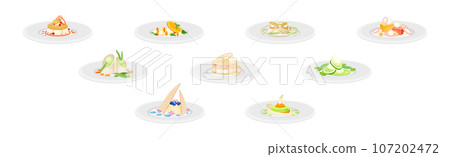 Haute Cuisine or Grande Cuisine with Meticulous Food Serving on Plate Vector Set 107202472