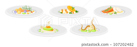 Haute Cuisine or Grande Cuisine with Meticulous Food Serving on Plate Vector Set Haute Cuisine or Grande Cuisine with Meticulous Food Serving on Plate Vector Set 107202482