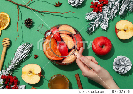 Concept of hot drink - berry and fruit tea, top view Concept of hot drink - berry and fruit tea, top view 107202506