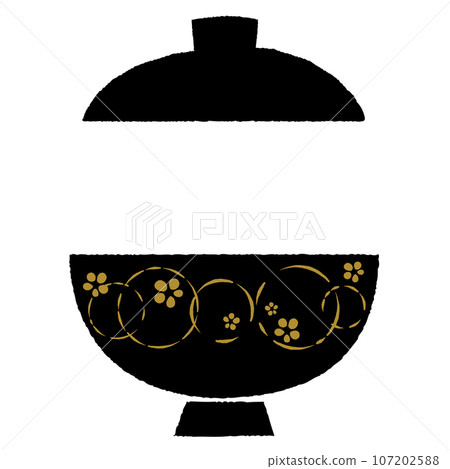 Lacquered bowl with black lid with plum pattern / hand-drawn style vector illustration Lacquered bowl with black lid with plum pattern / hand-drawn style vector illustration 107202588