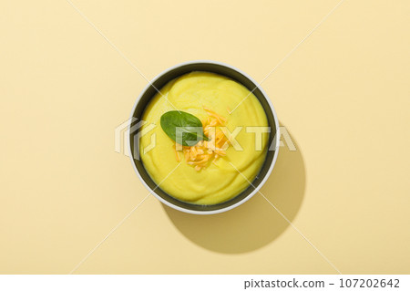 Tasty lunch concept with delicious cheese soup Tasty lunch concept with delicious cheese soup 107202642