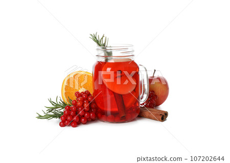 Concept of hot drink - berry and fruit tea, isolated on white background Concept of hot drink - berry and fruit tea, isolated on white background 107202644