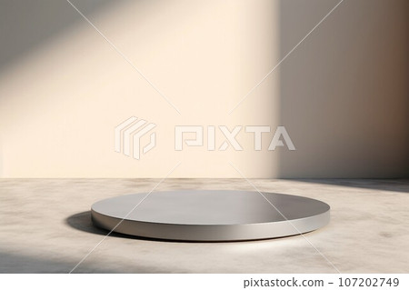 Abstract template with beige background and silver round exhibition stand. AI generated image 107202749