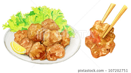 Illustration of fried chicken on a plate and fried chicken picked with chopsticks 107202751