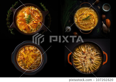 Baked Julienne with Mushrooms and Chicken, Casserole Mushrooms Gratin, Abstract Generative AI Illustration Baked Julienne with Mushrooms and Chicken, Casserole Mushrooms Gratin, Abstract Generative AI Illustration 107202820