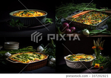 Baked Julienne with Mushrooms and Chicken, Casserole Mushrooms Gratin, Abstract Generative AI Illustration Baked Julienne with Mushrooms and Chicken, Casserole Mushrooms Gratin, Abstract Generative AI Illustration 107202821