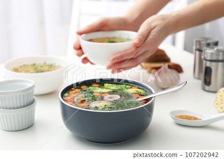 Vegetable soup, homemade healthy nutrition, healthy lifestyle 107202942