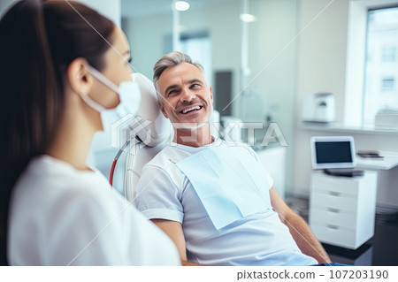 Dentist and Patient in Dentist Office, Friendly Tooth Clinic, Happy Patient, Generative AI Illustration 107203190