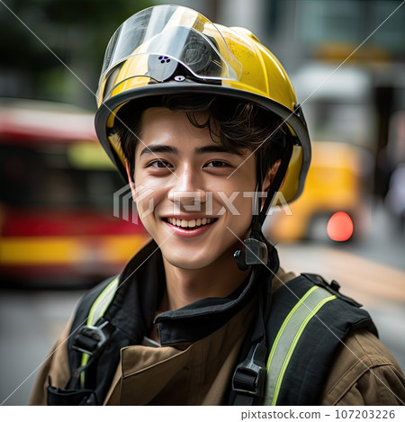 Hero Firefighter in Uniform, Young Smiling Fireman, Firefighting Danger Job, Generative AI Illustration 107203226