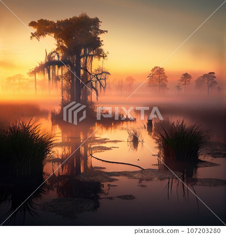 Southern Swamps, Swamp, Bog, Marsh, Mire, Wetland, Fen, Morass Abstract Generative AI Illustration 107203280