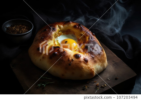 Khachapuri Bread, Georgian Pie with Egg, Baked Khachapuri Abstract Generative AI Illustration 107203494