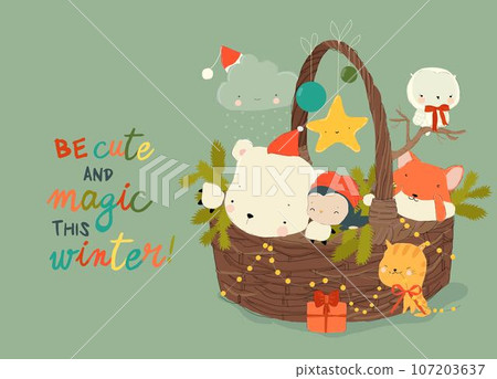 Cute Funny Animals sitting on Christmas Basket 107203637