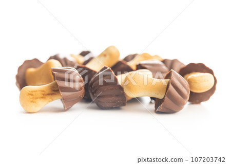 Candy in the shape of a mushroom. Chocolate mushrooms isolated on white background. 107203742