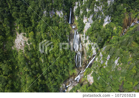 Aerial view of Hagoromo Falls in Tenninkyo, Hokkaido 107203828