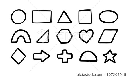Doodle basic geometric shapes set. Hand drawn math figure icons collection. Doodle cute circle, square and triangle. Child drawing for learning games. Vector illustration isolated on white background Doodle basic geometric shapes set. Hand drawn math figure icons collection. Doodle cute circle, square and triangle. Child drawing for learning games. Vector illustration isolated on white background 107203946