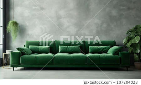 Big Sofa in Modern Room Interior, Luxury Home Furniture, Green Sofa, Abstract Generative AI Illustration 107204028