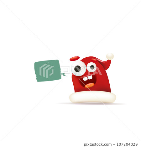 Vector cartoon happy Santa Claus red hat character with eyes and mouth isolated on white Christmas background. Merry Christmas greeting card, poster and banner with funny Santa Claus hat 107204029