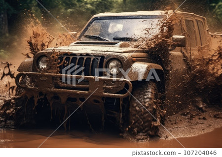 Off Road Vehicle Coming out of a Mud Hole Hazard, Generative AI Illustration Off Road Vehicle Coming out of a Mud Hole Hazard, Generative AI Illustration 107204046